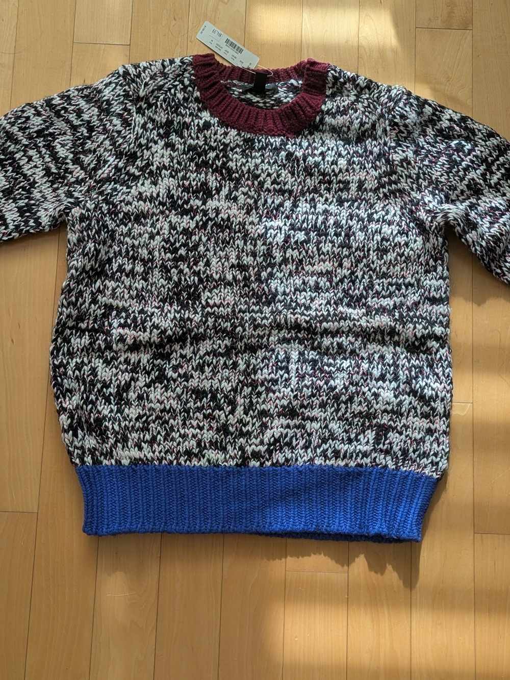 J. Crew Marled Crewneck Sweater with Burgundy Neck and Blue Hem